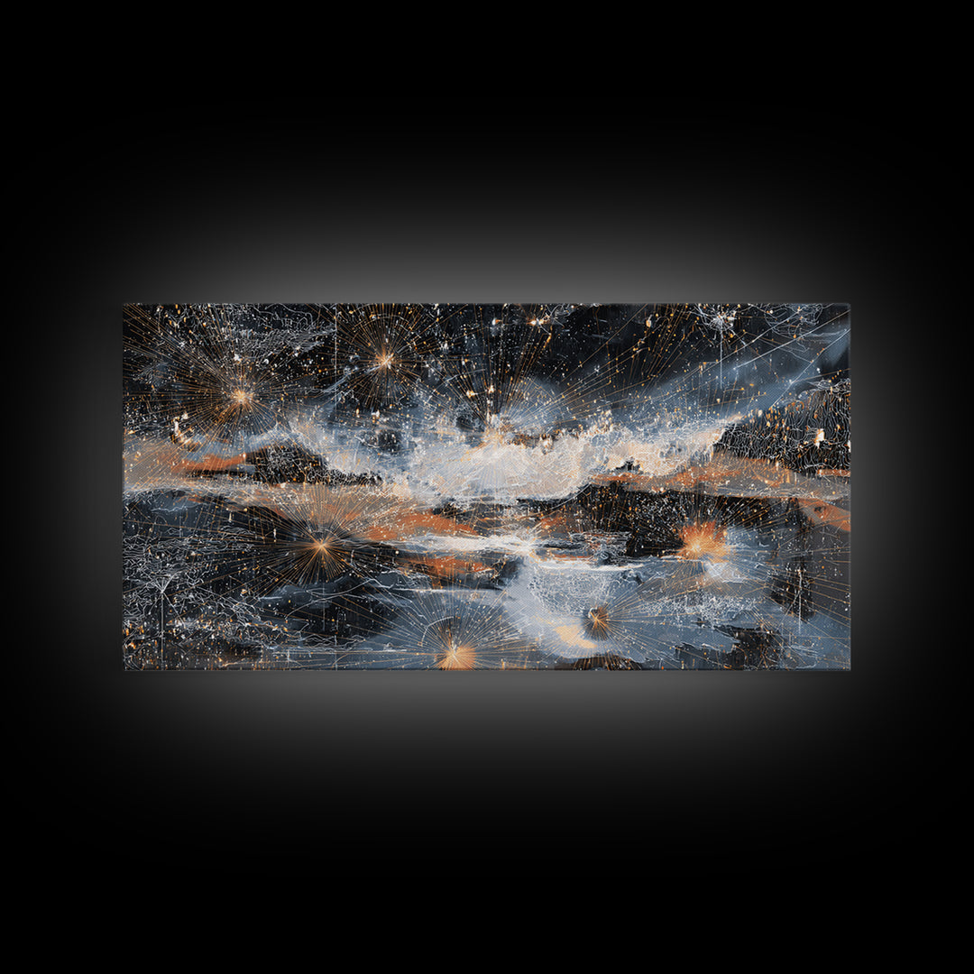 Starry Silver Mountain Sky Abstract Canvas Print, Dreamy Wall Art Decor, Modern Nature Landscape For Bedroom Office Gift