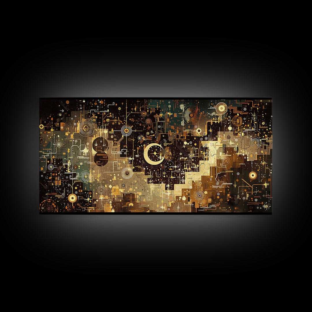 Gold Crescent Abstract Circuit City Wall Art, Black Gold Canvas Decor, Modern Islamic Inspired Geometric Home Decor Statement Piece