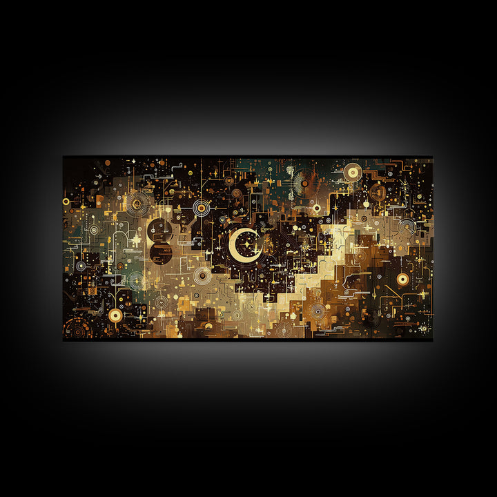 Gold Crescent Abstract Circuit City Wall Art, Black Gold Canvas Decor, Modern Islamic Inspired Geometric Home Decor Statement Piece