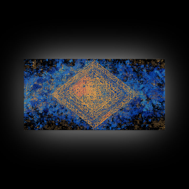 Blue And Gold Sacred Geometry Canvas Print, Abstract Islamic Pattern Wall Decor, Boho Geometric Home Decor Housewarming Gift