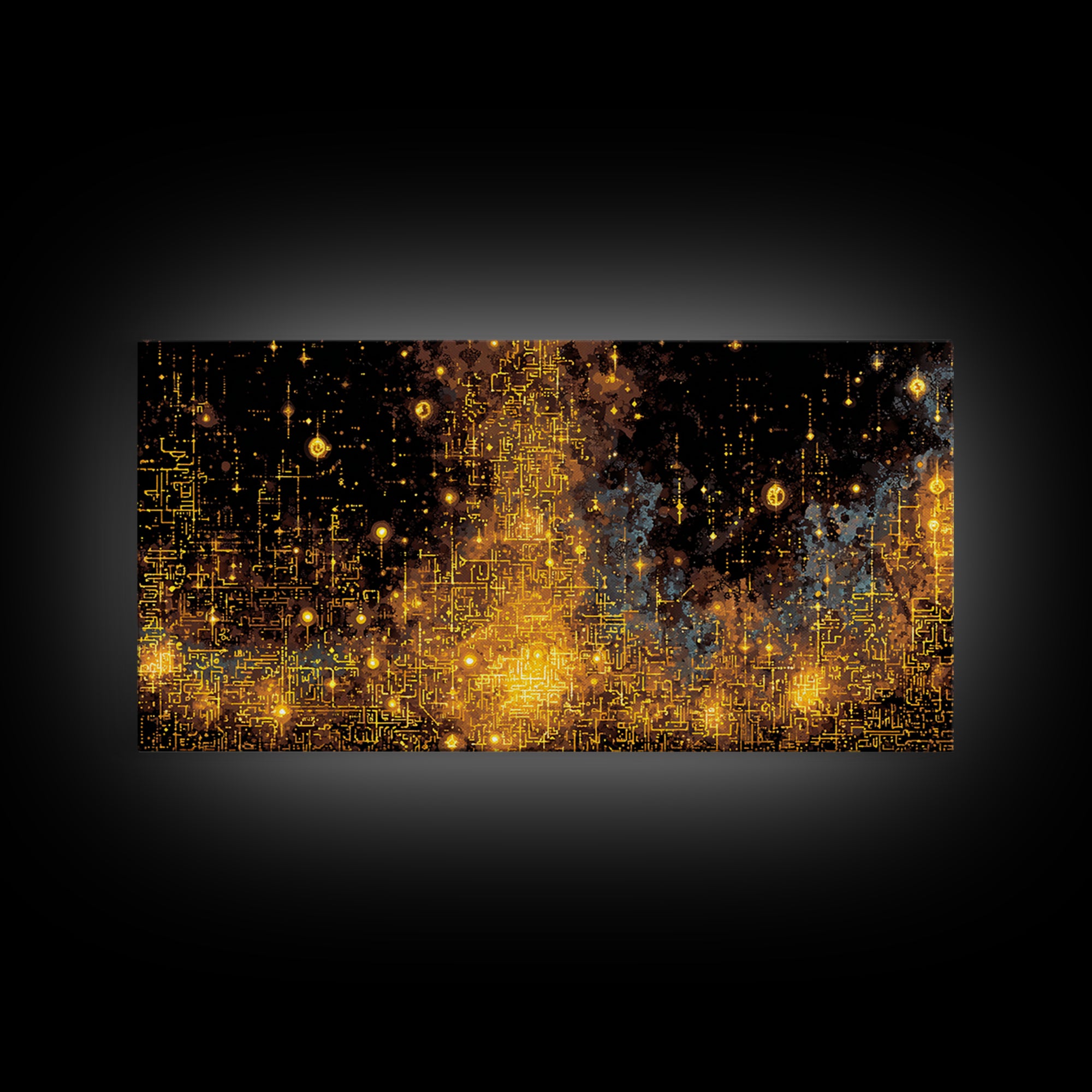 Golden Futuristic Skyline Canvas Print, Abstract City Lights Wall Decor, Luxury Black Gold Modern Home Decor Statement Piece