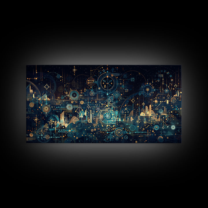 Teal Celestial Blueprint Wall Art, Abstract Science Diagram Canvas Decor, Modern Geometric Office Decor Unique Gift For Him