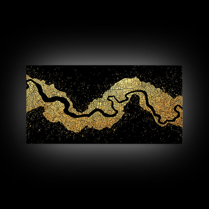 Black And Gold River Map Wall Art, Abstract Earth Tone Landscape Canvas Decor, Modern Minimalist Statement Piece For Home Decor