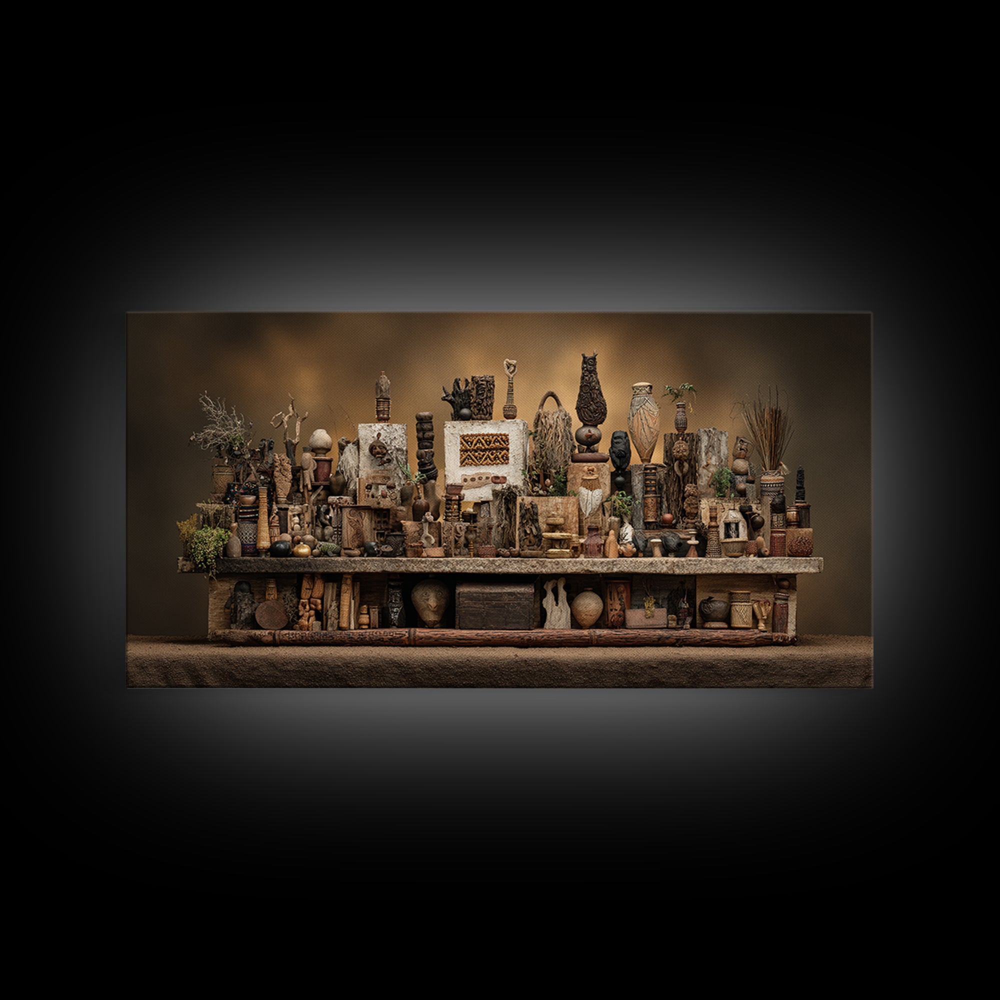 African Tribal Artifact Shelf Wall Art, Rustic Sculpture Still Life Canvas Decor, Ethnic Cultural Home Decor Statement Piece