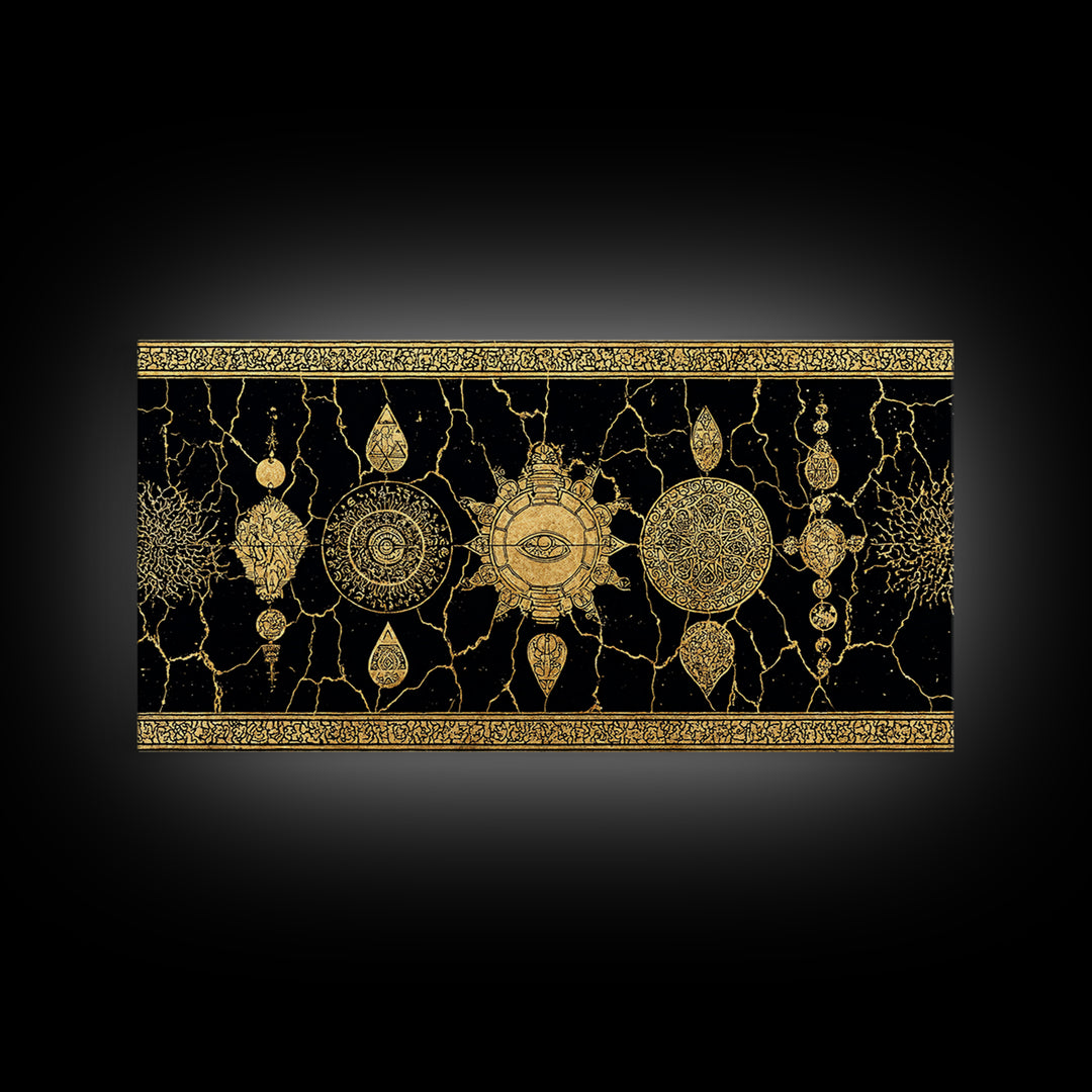 Black Gold Ornamental Mandala Canvas Print, Sacred Geometry Wall Decor, Luxury Boho Pattern Home Decor Statement Piece Gift For Her