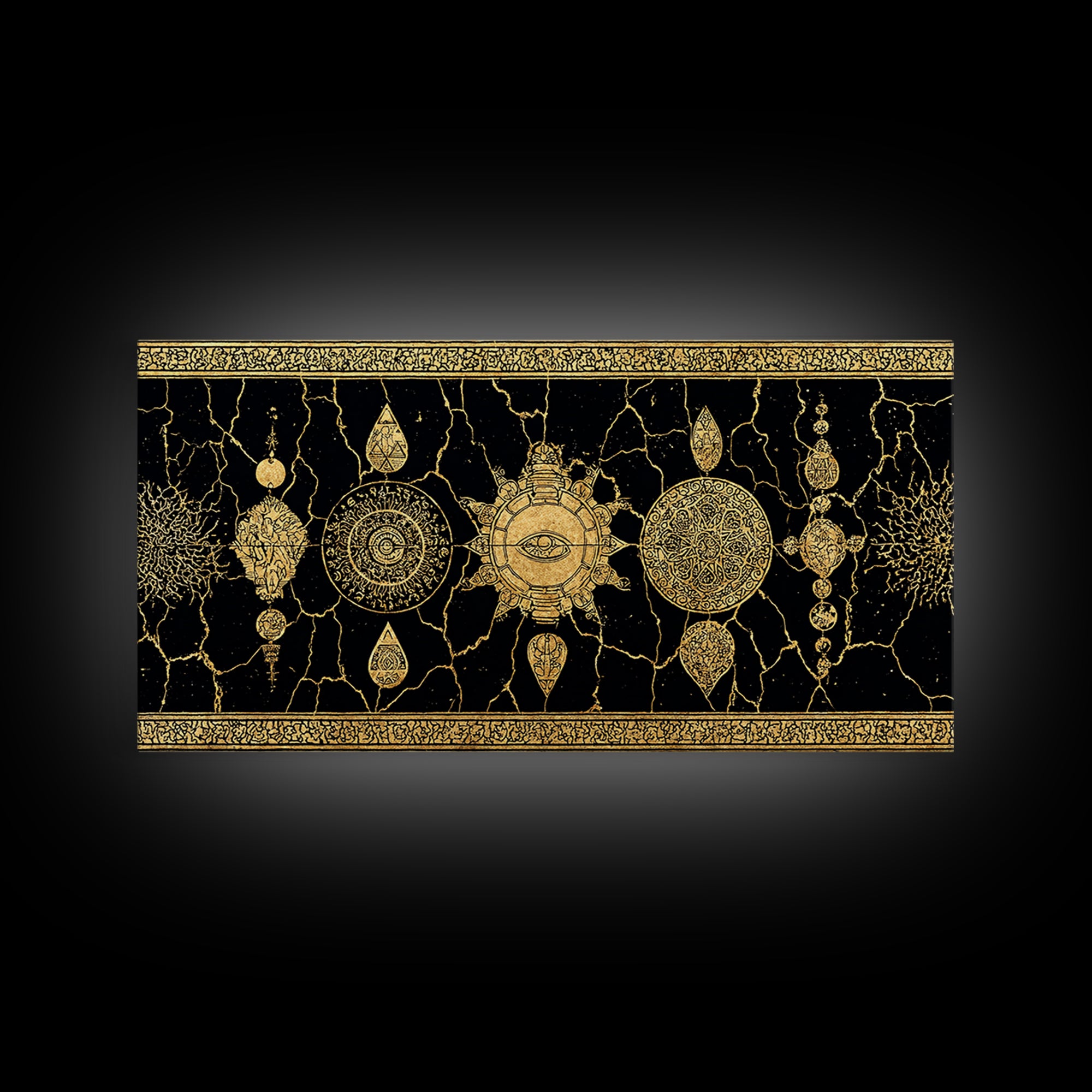 Black Gold Ornamental Mandala Canvas Print, Sacred Geometry Wall Decor, Luxury Boho Pattern Home Decor Statement Piece Gift For Her