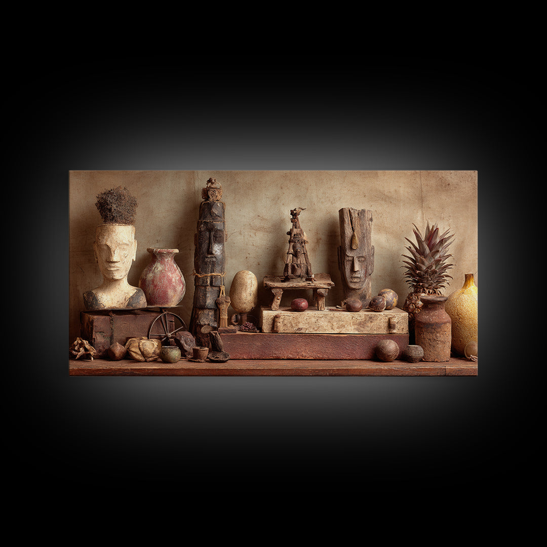 Ancient African Artifact Still Life Wall Art, Earth Tone Tribal Decor, Cultural Home Decor, Textured Boho Canvas Print Gift