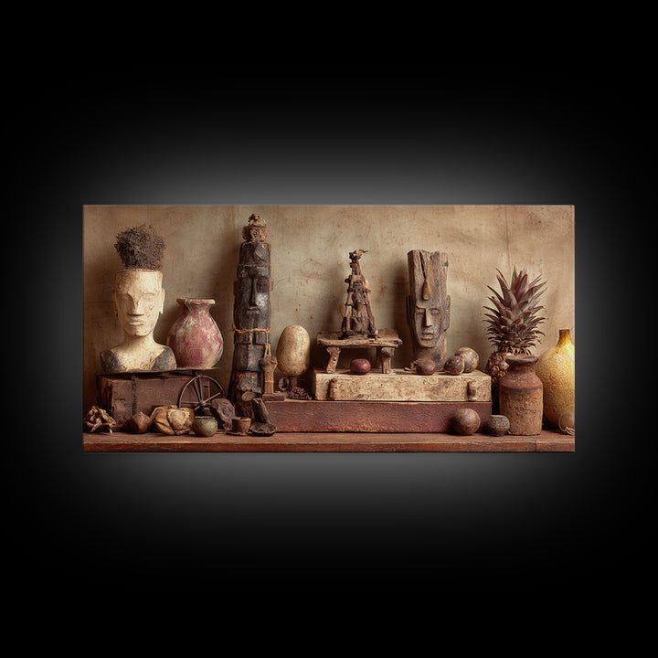 Ancient African Artifact Still Life Wall Art, Earth Tone Tribal Decor, Cultural Home Decor, Textured Boho Canvas Print Gift