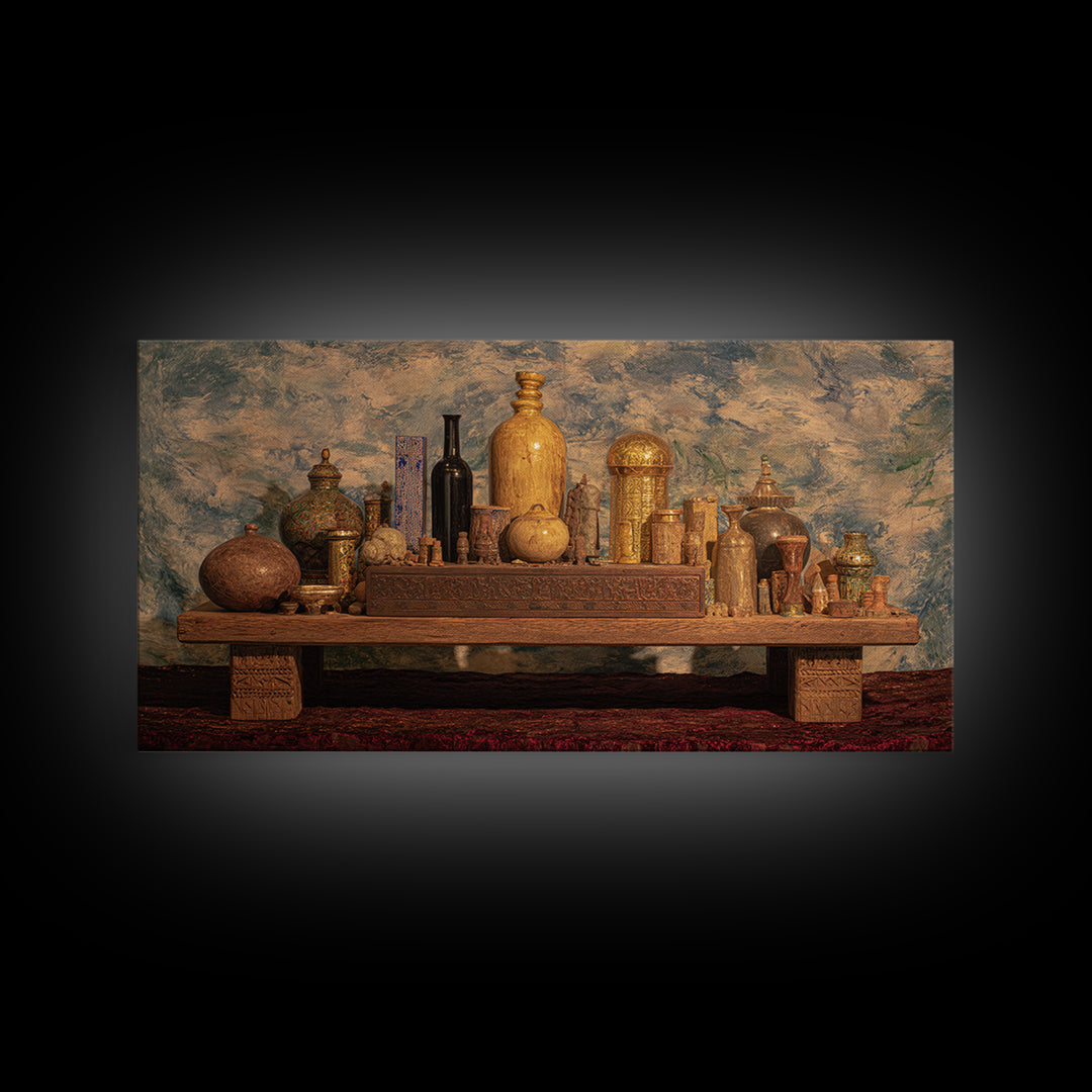 Ornate African Treasure Table Wall Art, Gold Vessel Still Life, Ethnic Home Decor, Luxury Canvas Print For Living Room