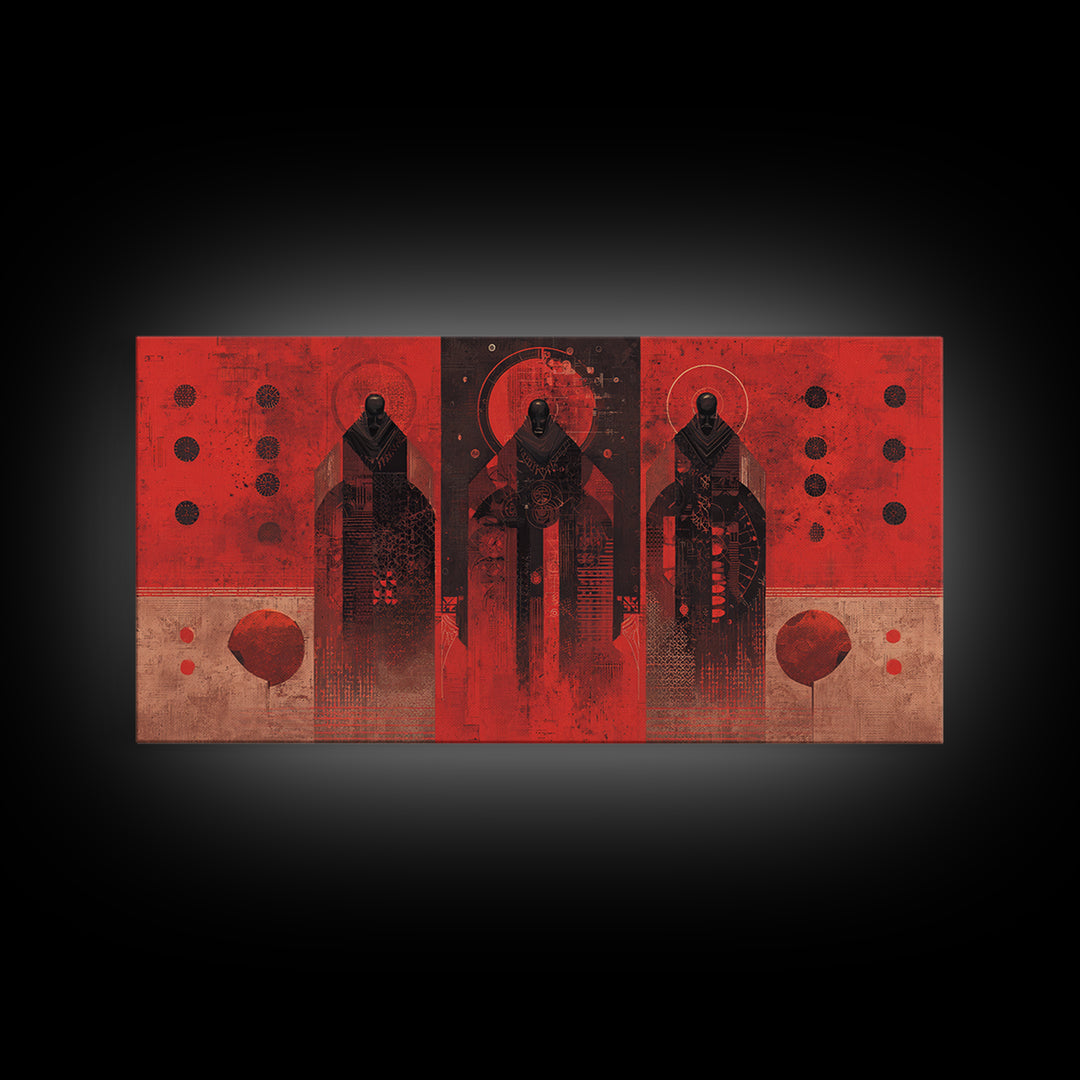 Three Ancestral Figures In Red Wall Art, Abstract African Tribal Art, Spiritual Black Culture Canvas Print, Bold Decor Gift