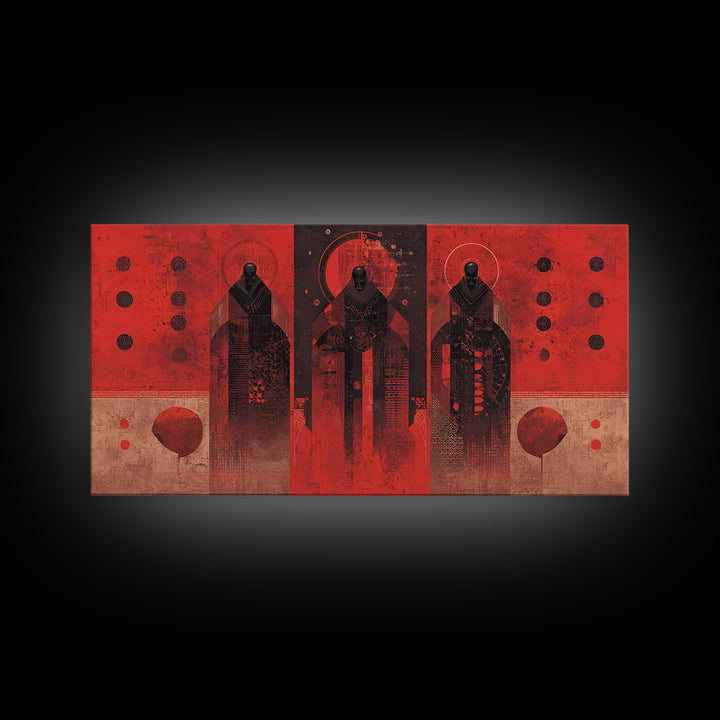 Three Ancestral Figures In Red Wall Art, Abstract African Tribal Art, Spiritual Black Culture Canvas Print, Bold Decor Gift