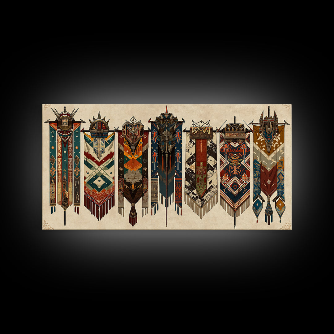 Seven Ornate African Tribal Banners Wall Art, Ankara Pattern Textile Art, Cultural Home Decor, Framed Canvas Print Gift For Her