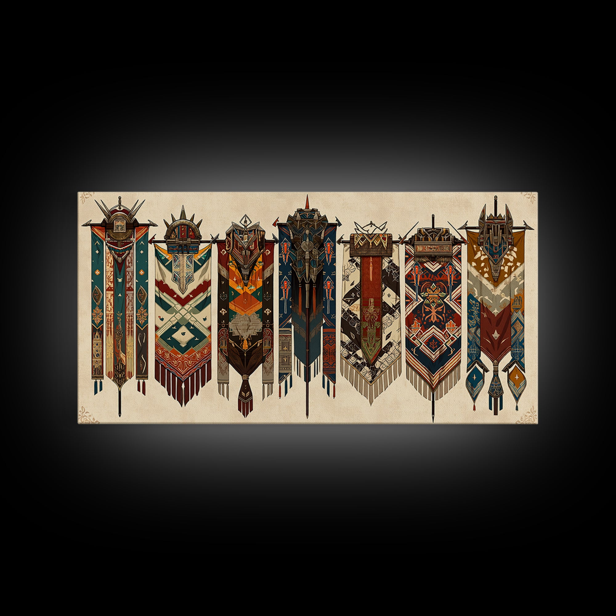 Seven Ornate African Tribal Banners Wall Art, Ankara Pattern Textile Art, Cultural Home Decor, Framed Canvas Print Gift For Her