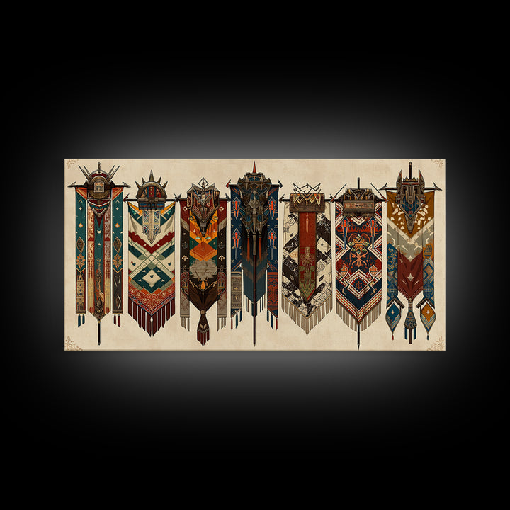 Seven Ornate African Tribal Banners Wall Art, Ankara Pattern Textile Art, Cultural Home Decor, Framed Canvas Print Gift For Her