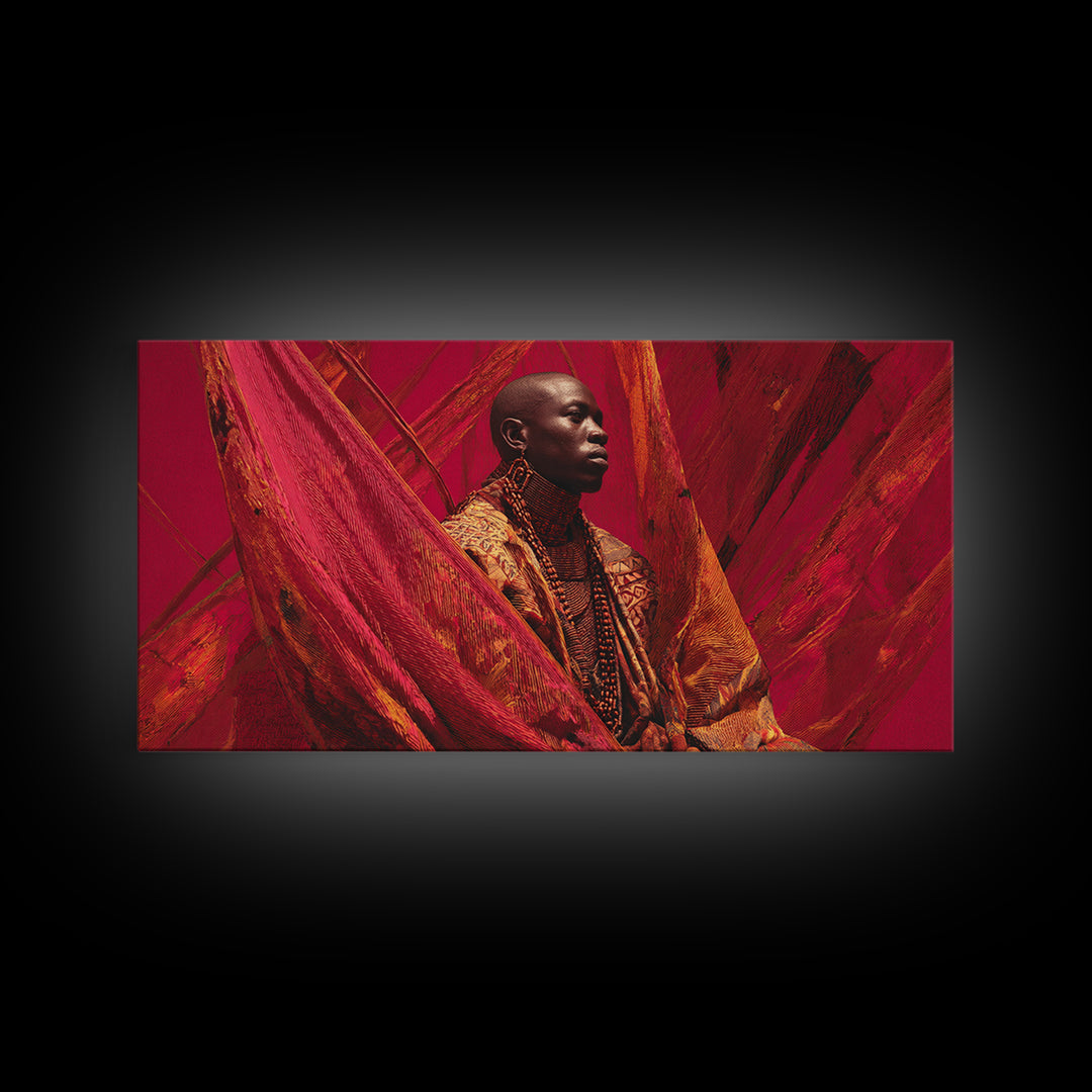 Regal African Man In Red Fabric Wall Art, Contemporary Portrait, Afrocentric Fashion Canvas Print, Bold Home Decor Gift For Him