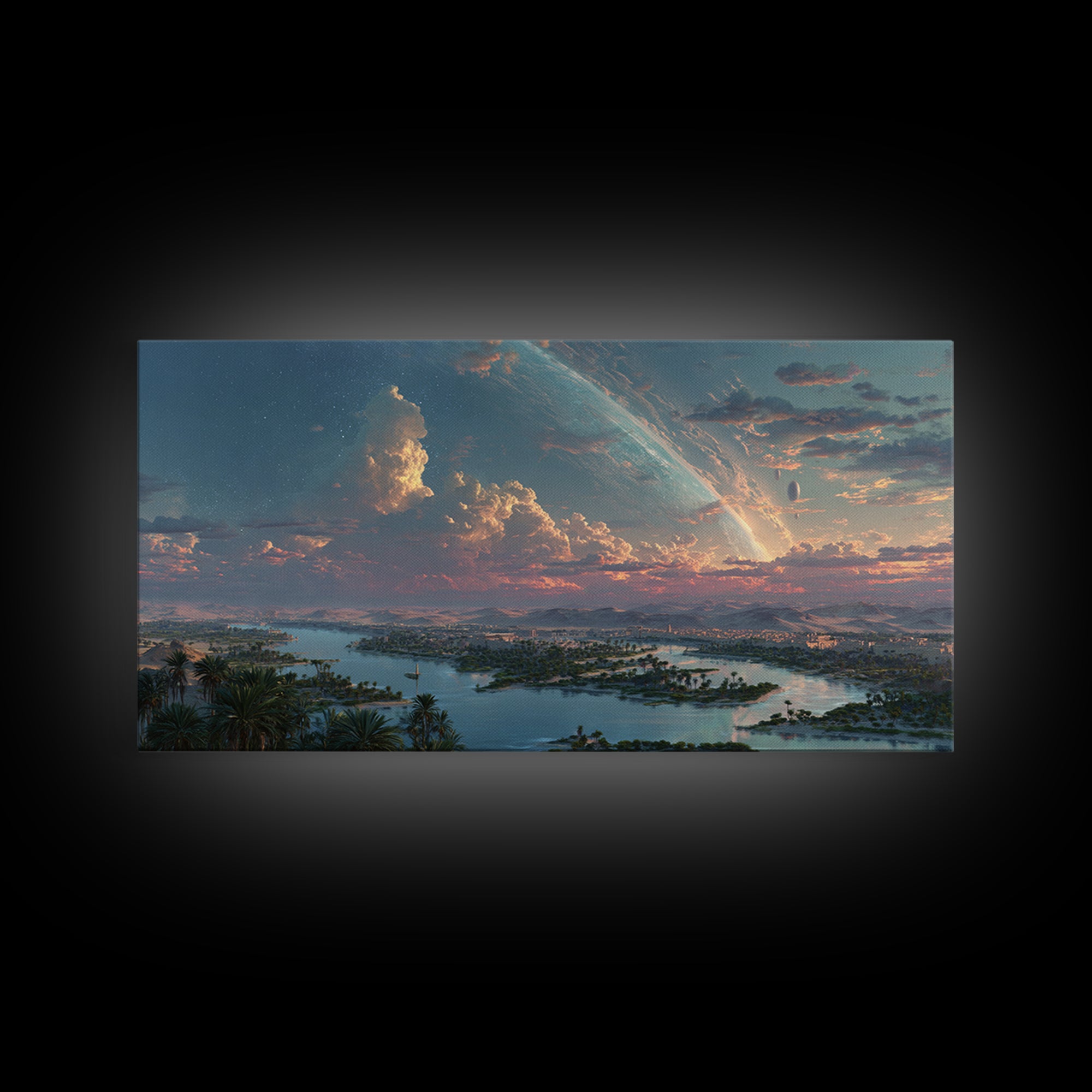 Epic African River Valley At Sunrise Wall Art, Afrofuturism Landscape, Dreamy Nature Scene Canvas Print, Large Decor Gift