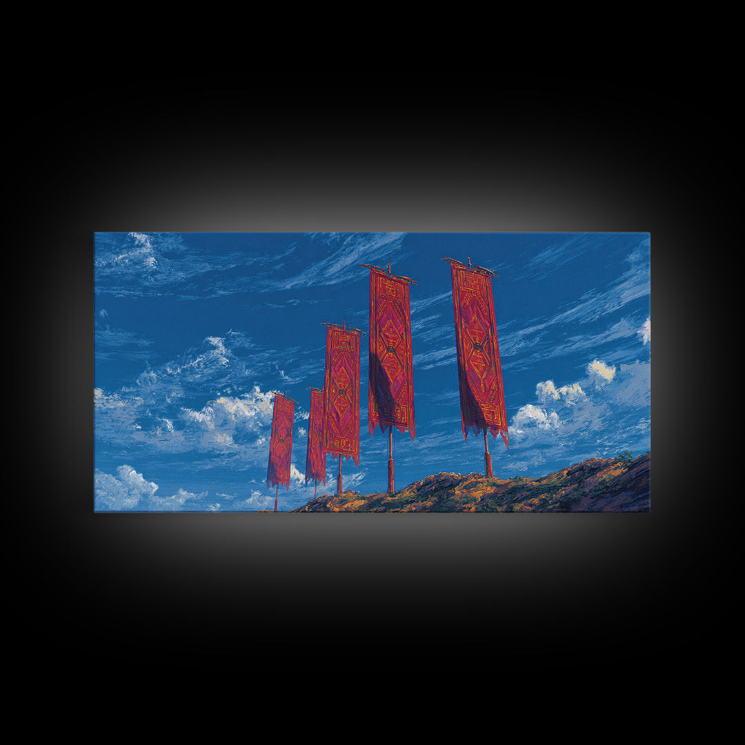 Red African Textile Banners On Blue Sky Wall Art, Cultural Landscape, Vibrant Ankara Decor, Framed Canvas Print Gift For Home