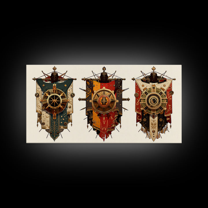 Three Ornate African Shield Banners Wall Art, Tribal Mask Canvas Print, Geometric Cultural Decor, Statement Wall Piece Gift