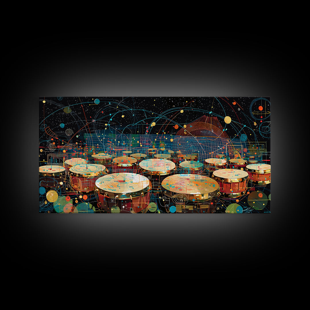 Futuristic Afro Drums Under Cosmic Orbits Canvas Print, Modern African Art, Music Room Decor, Afrofuturism Decor, Bold Art
