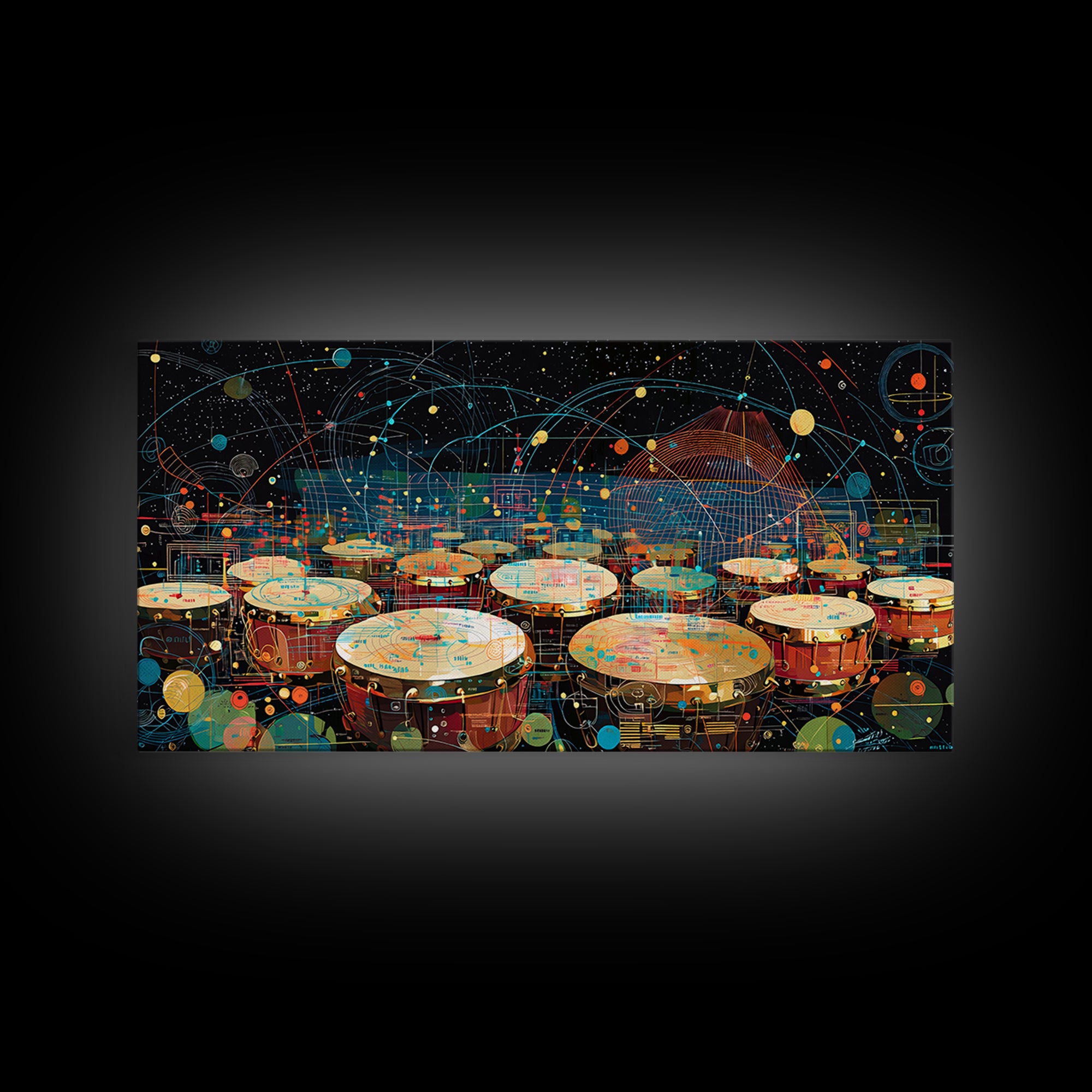Futuristic Afro Drums Under Cosmic Orbits Canvas Print, Modern African Art, Music Room Decor, Afrofuturism Decor, Bold Art