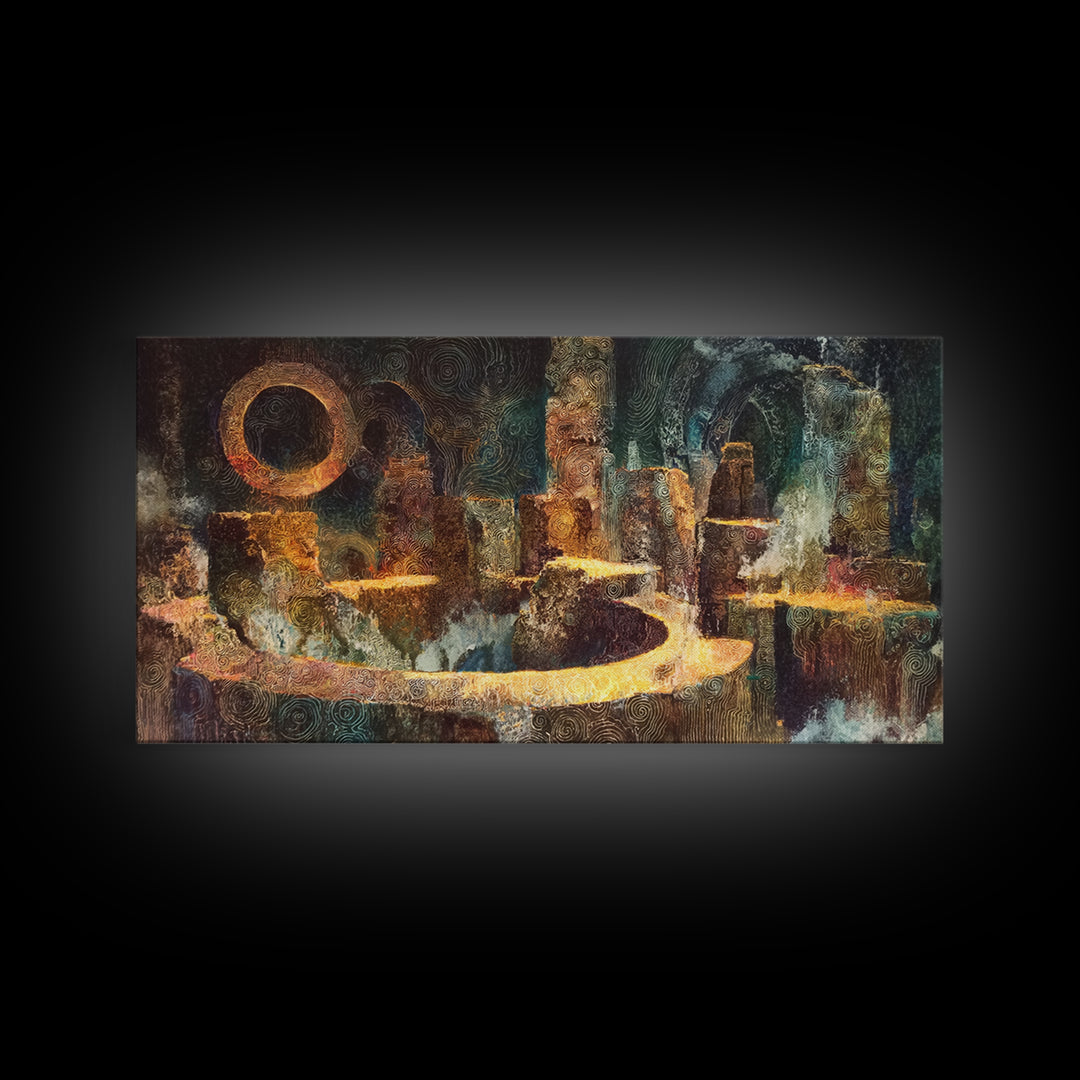 Mystic Ancient City With Golden Path Framed Canvas Print, African Abstract Art, Spiritual Wall Decor, Luxury Canvas Art Print