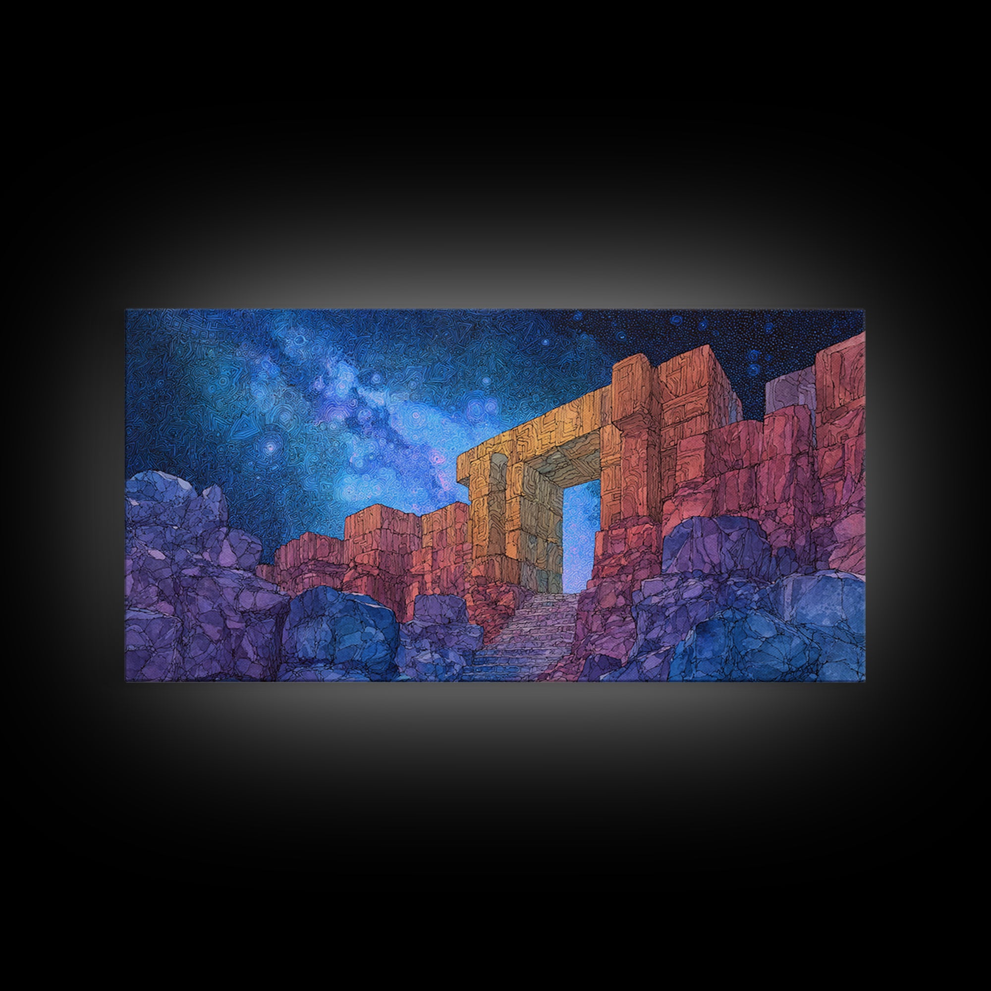Ancient Desert Ruins Under Starry Blue Sky Wall Art, Mystical Temple Landscape, Boho Home Decor, Fantasy Travel Poster Print