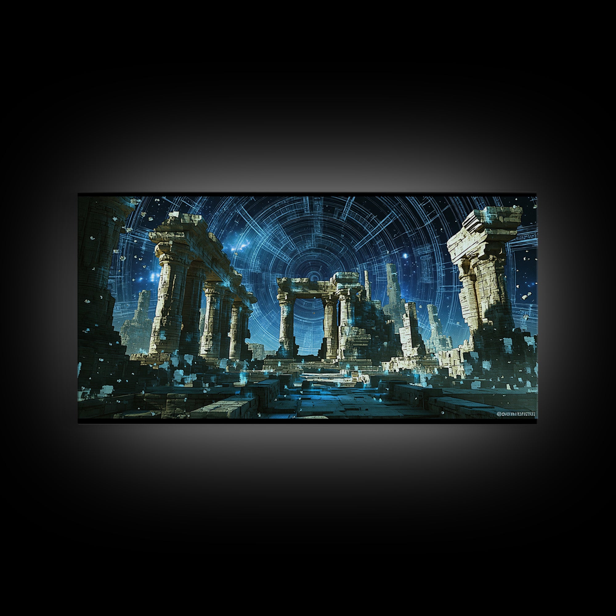 Glowing Futuristic Temple Columns In Blue Starlight Canvas Print, Sci Fi Ruins Wall Art, Modern Fantasy Home Decor, Celestial Poster