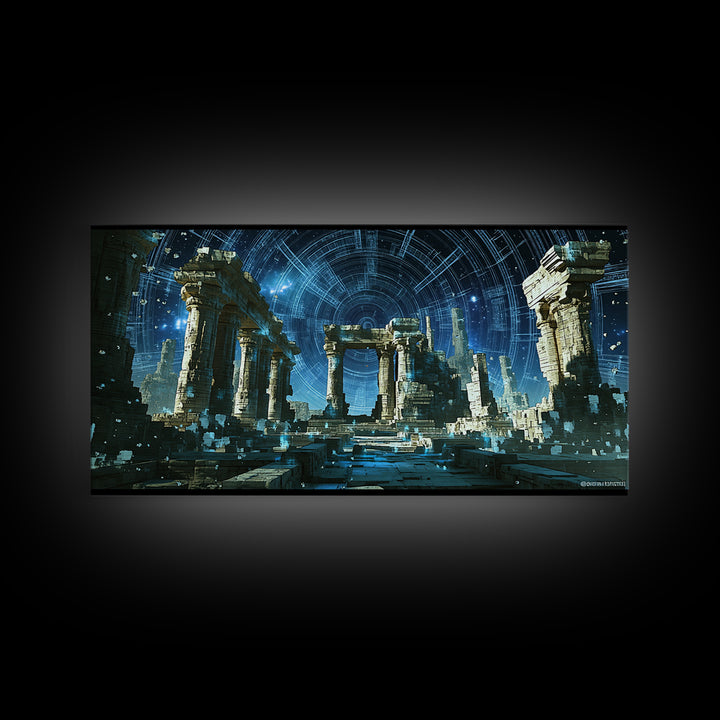 Glowing Futuristic Temple Columns In Blue Starlight Canvas Print, Sci Fi Ruins Wall Art, Modern Fantasy Home Decor, Celestial Poster