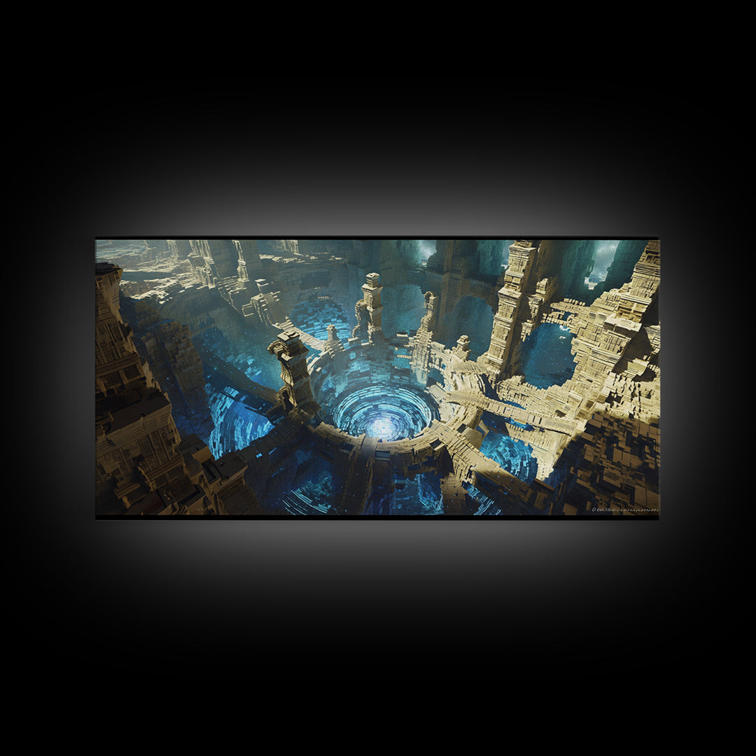 Vast Circular Ancient City With Blue Abyss Framed Canvas Print, Futuristic Ruins Wall Art, Luxury Fantasy Home Decor, Sci Fi Architecture