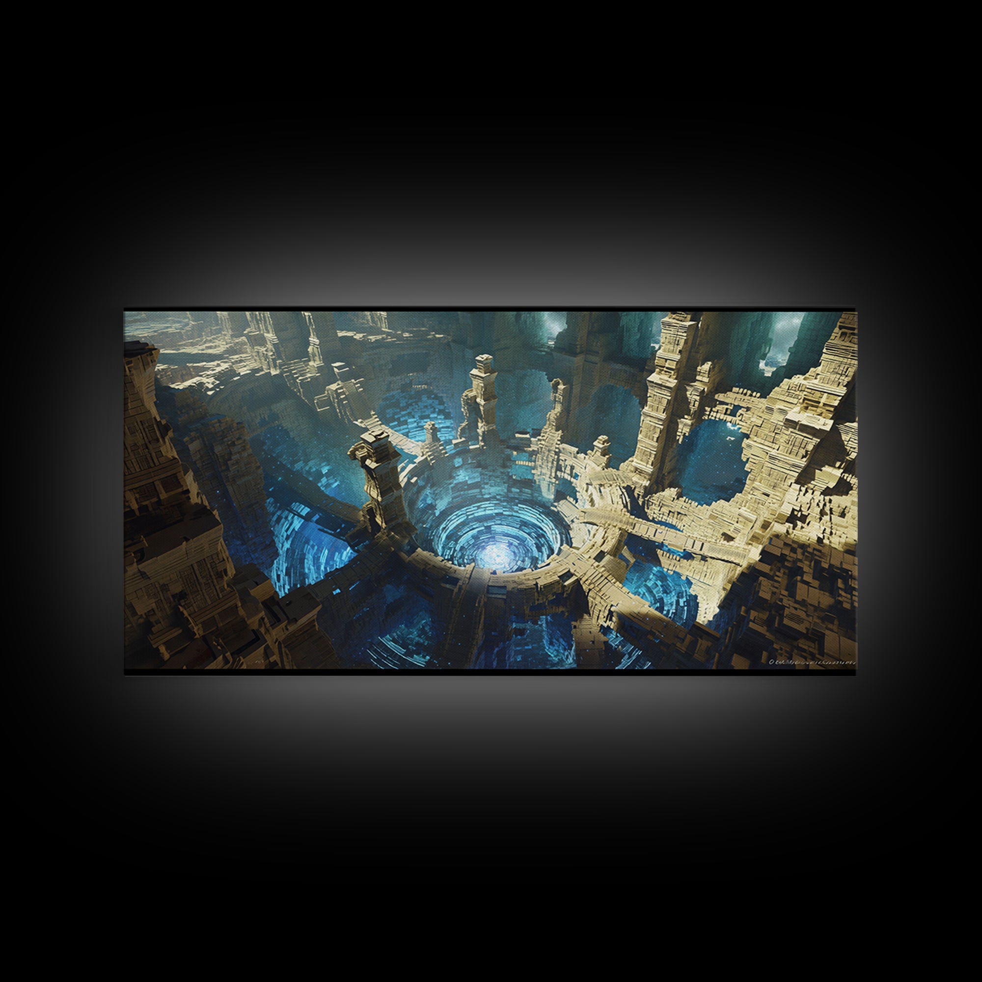 Vast Circular Ancient City With Blue Abyss Framed Canvas Print, Futuristic Ruins Wall Art, Luxury Fantasy Home Decor, Sci Fi Architecture
