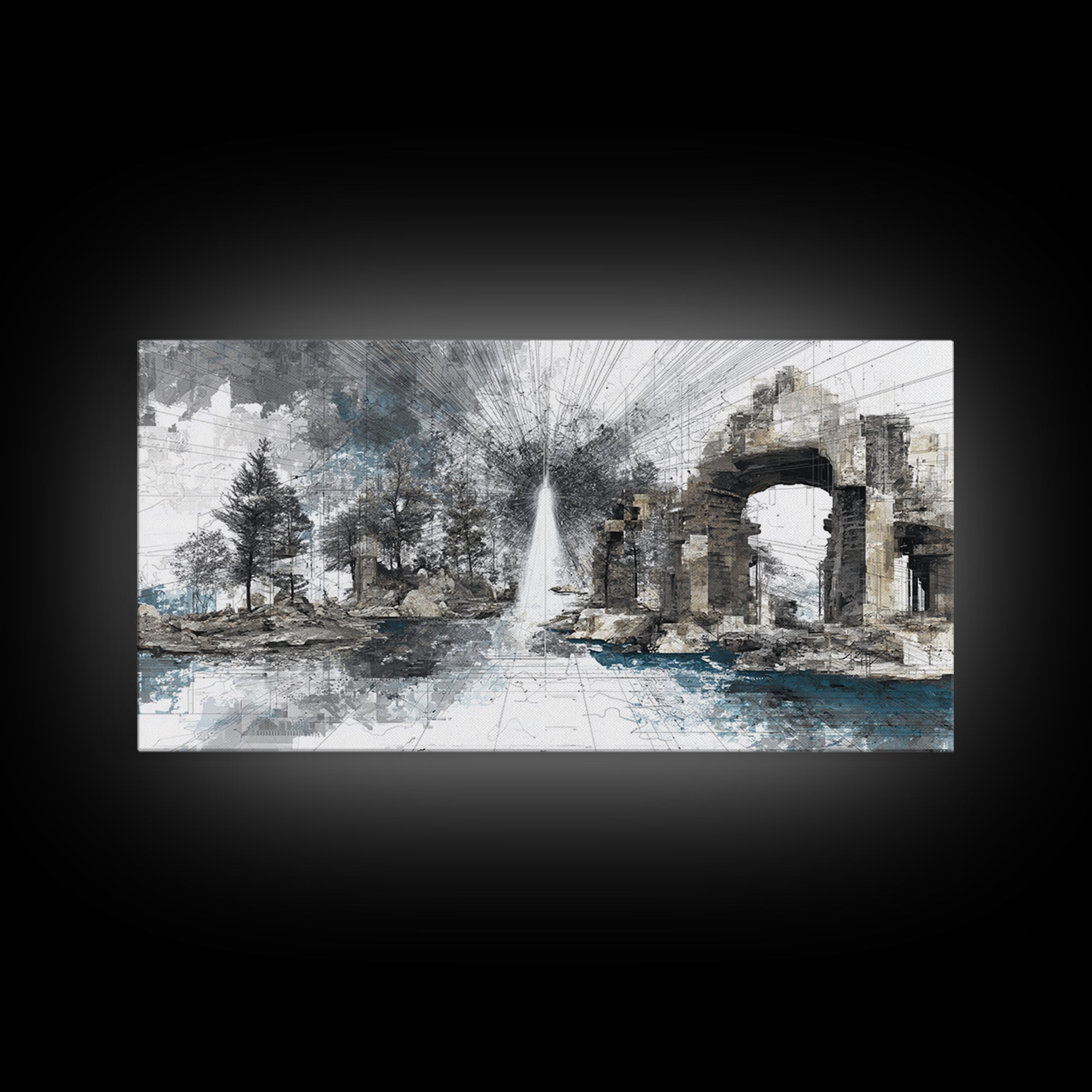 White Fountain Light Beside Ruined Stone Arch Wall Art, Minimalist Landscape, Black And White Office Decor Canvas Print Poster