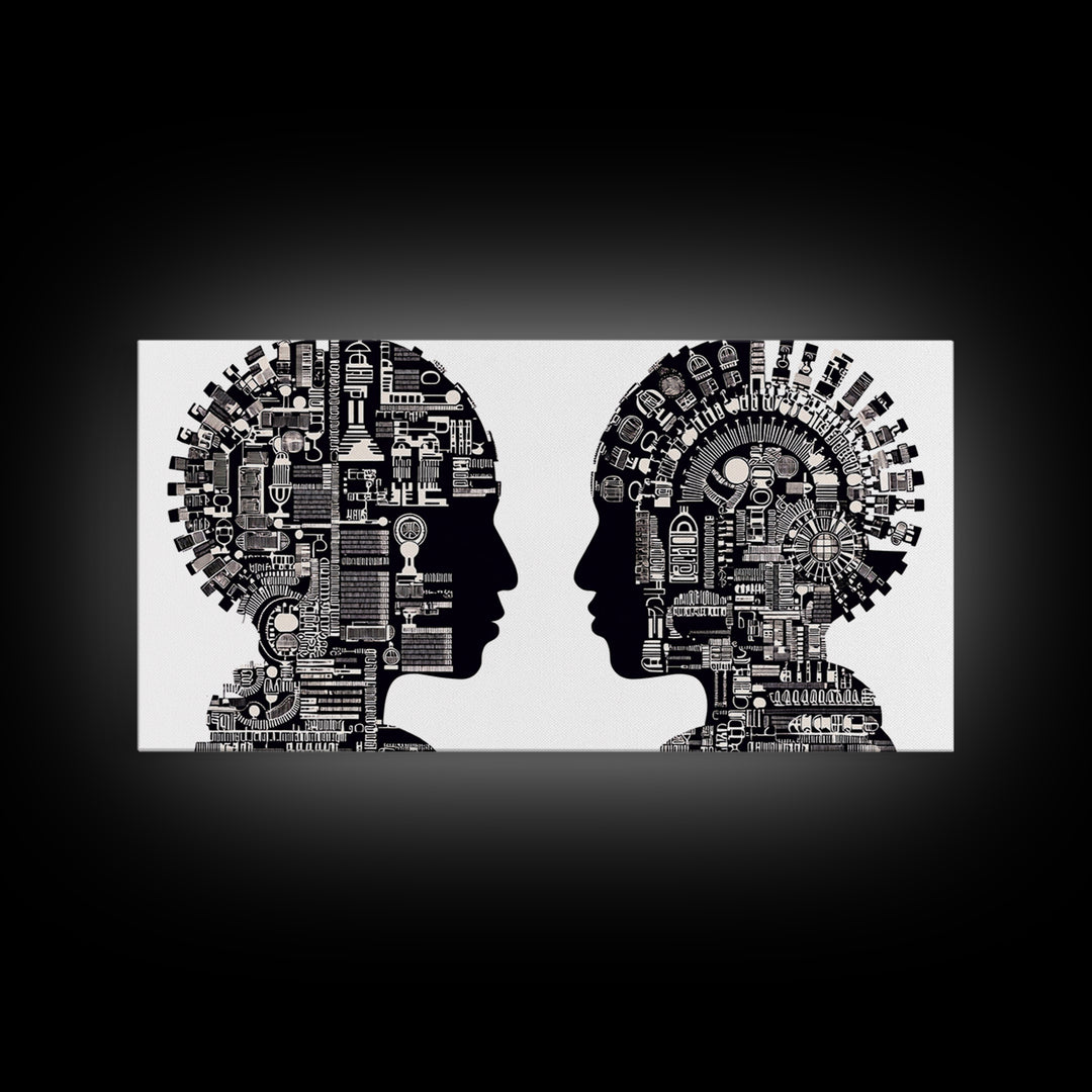 Black And White Profile Faces With Mechanical City Patterns Wall Art, Geometric Portrait Canvas Print, Modern Office Decor