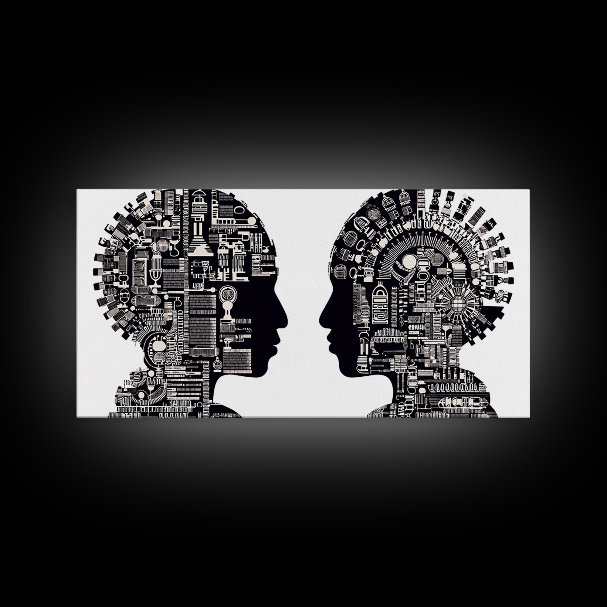 Black And White Profile Faces With Mechanical City Patterns Wall Art, Geometric Portrait Canvas Print, Modern Office Decor