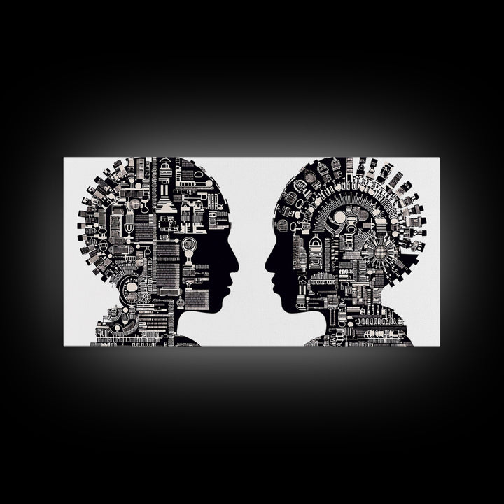 Black And White Profile Faces With Mechanical City Patterns Wall Art, Geometric Portrait Canvas Print, Modern Office Decor