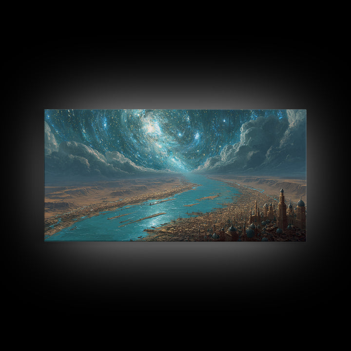 Cosmic Nile River City Under Swirling Galaxy Wall Art, Egyptian Inspired Landscape Canvas Print, Luxury Home Decor Poster