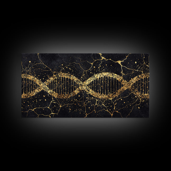 Gold DNA Helix On Black Marble Canvas Print, Science Inspired Abstract Wall Art, Modern Biology Decor, Luxury Office Artwork