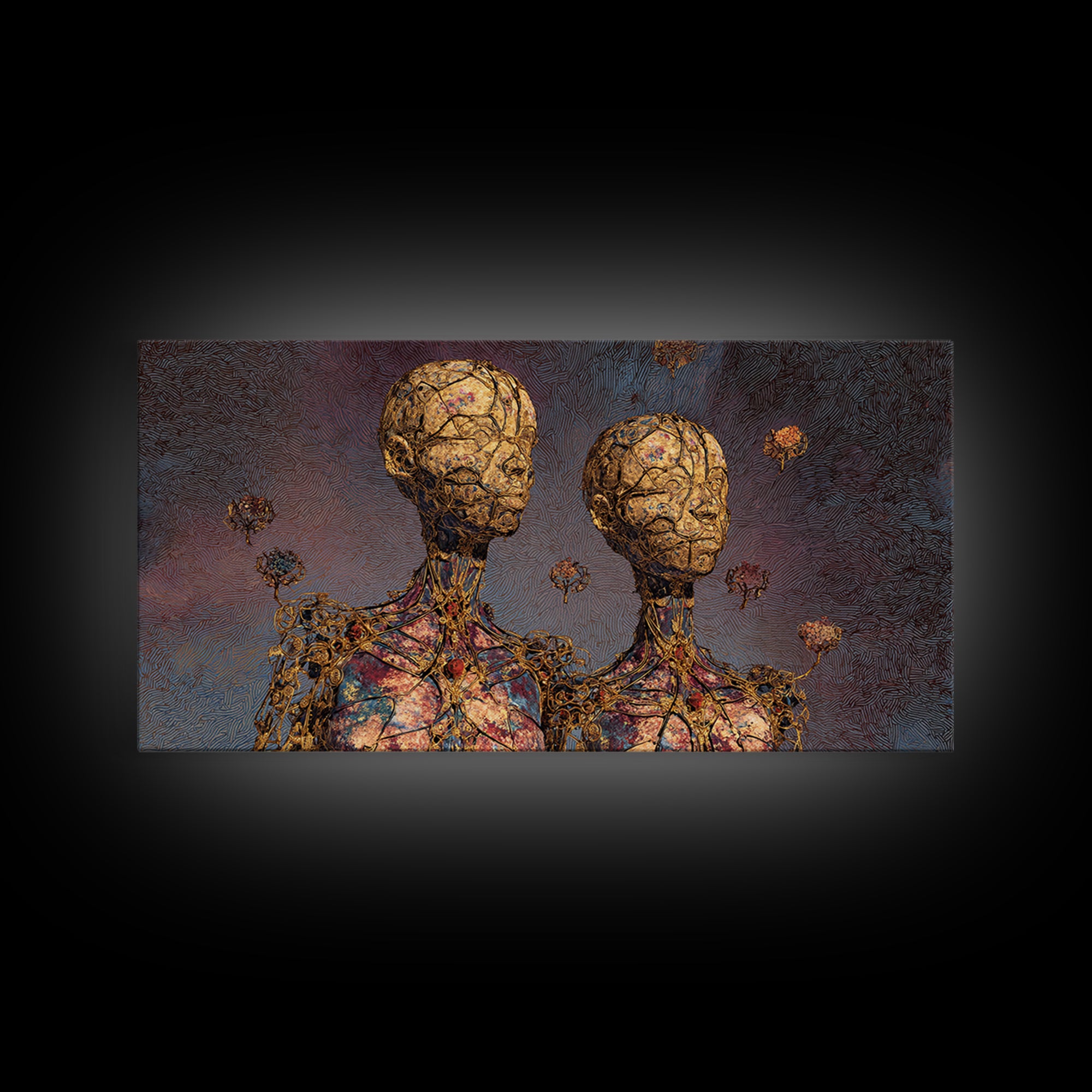 Golden Twin Figures With Floral Orbs Framed Canvas Print, Afrofuturism Decor, Abstract Portrait Wall Art, Luxury Home Decor