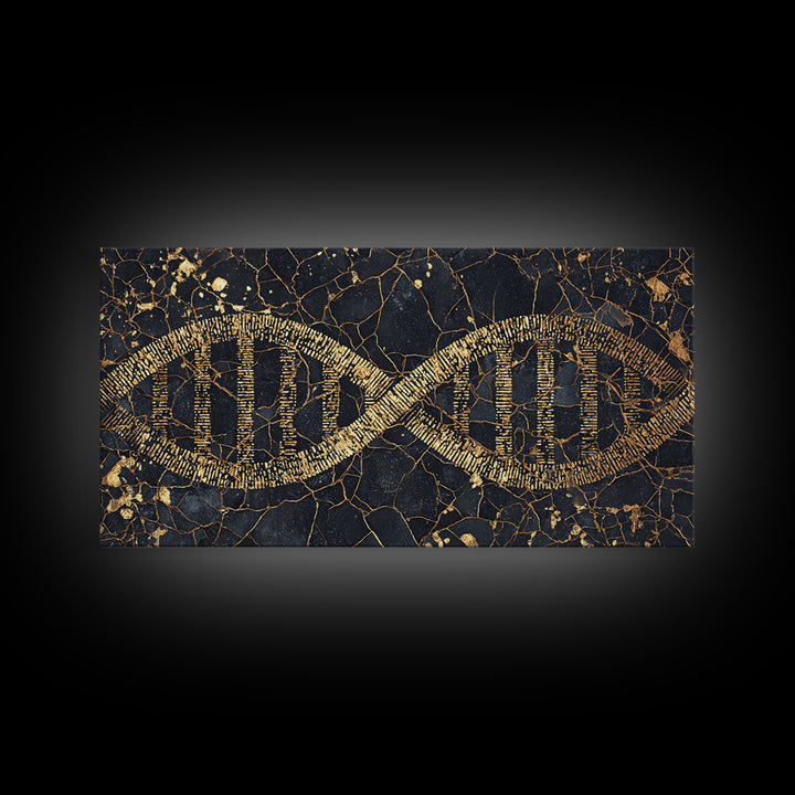Ancient Gold DNA Strand Canvas Print, Black Marble Science Wall Art, Abstract Biology Decor, Luxury Modern Office Artwork
