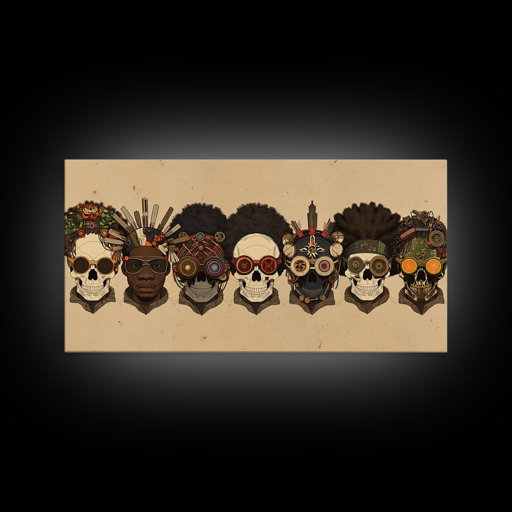 African Skull Lineup With Tribal Headdresses Wall Art, Afrocentric Decor, Cultural Artwork, Bold Canvas Print For Eclectic Home Decor