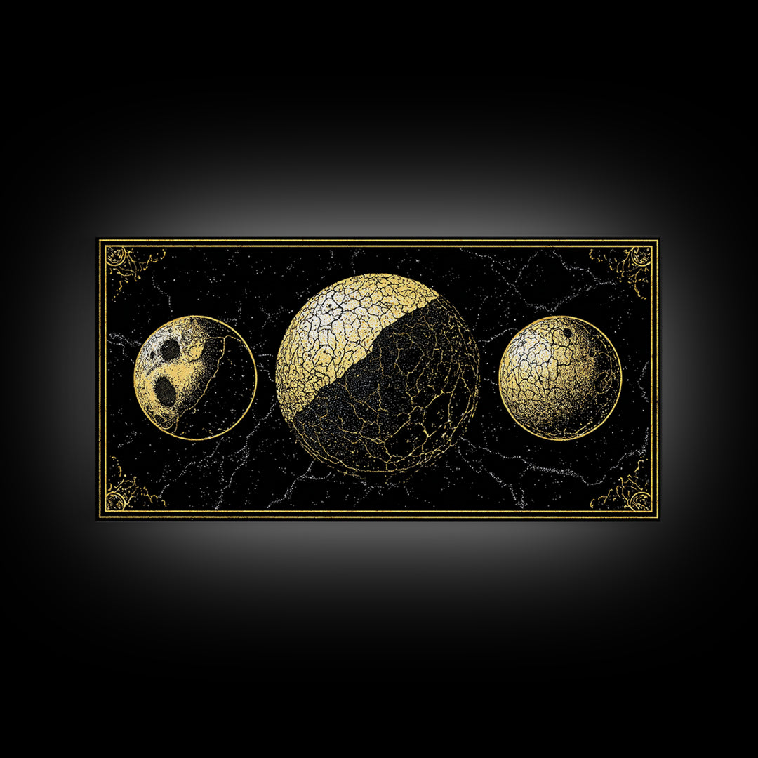 Gold Moon Phase Triptych Wall Art, Black Celestial Canvas Print, Lunar Astronomy Decor, Mystical Black And Gold Home Decor Gift