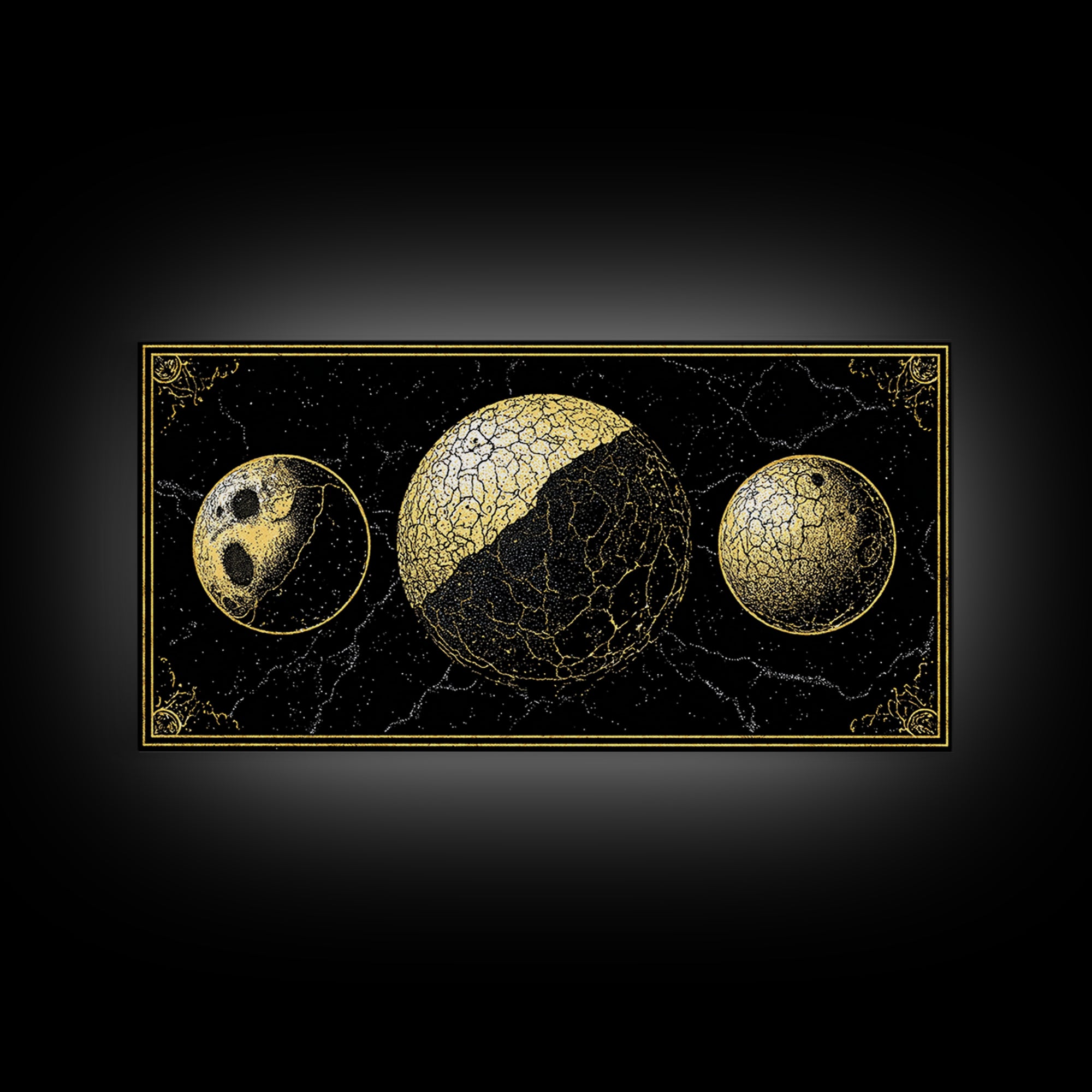 Gold Moon Phase Triptych Wall Art, Black Celestial Canvas Print, Lunar Astronomy Decor, Mystical Black And Gold Home Decor Gift