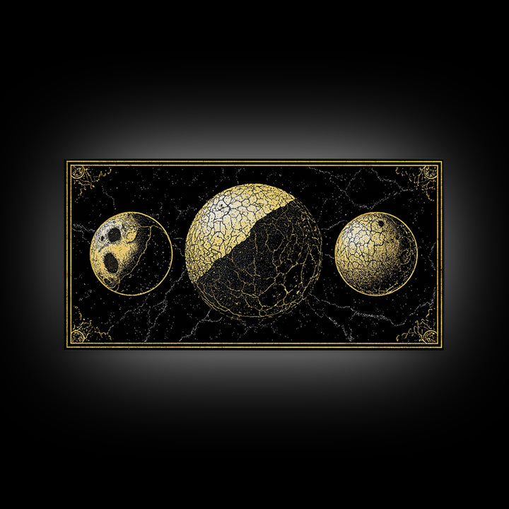 Gold Moon Phase Triptych Wall Art, Black Celestial Canvas Print, Lunar Astronomy Decor, Mystical Black And Gold Home Decor Gift