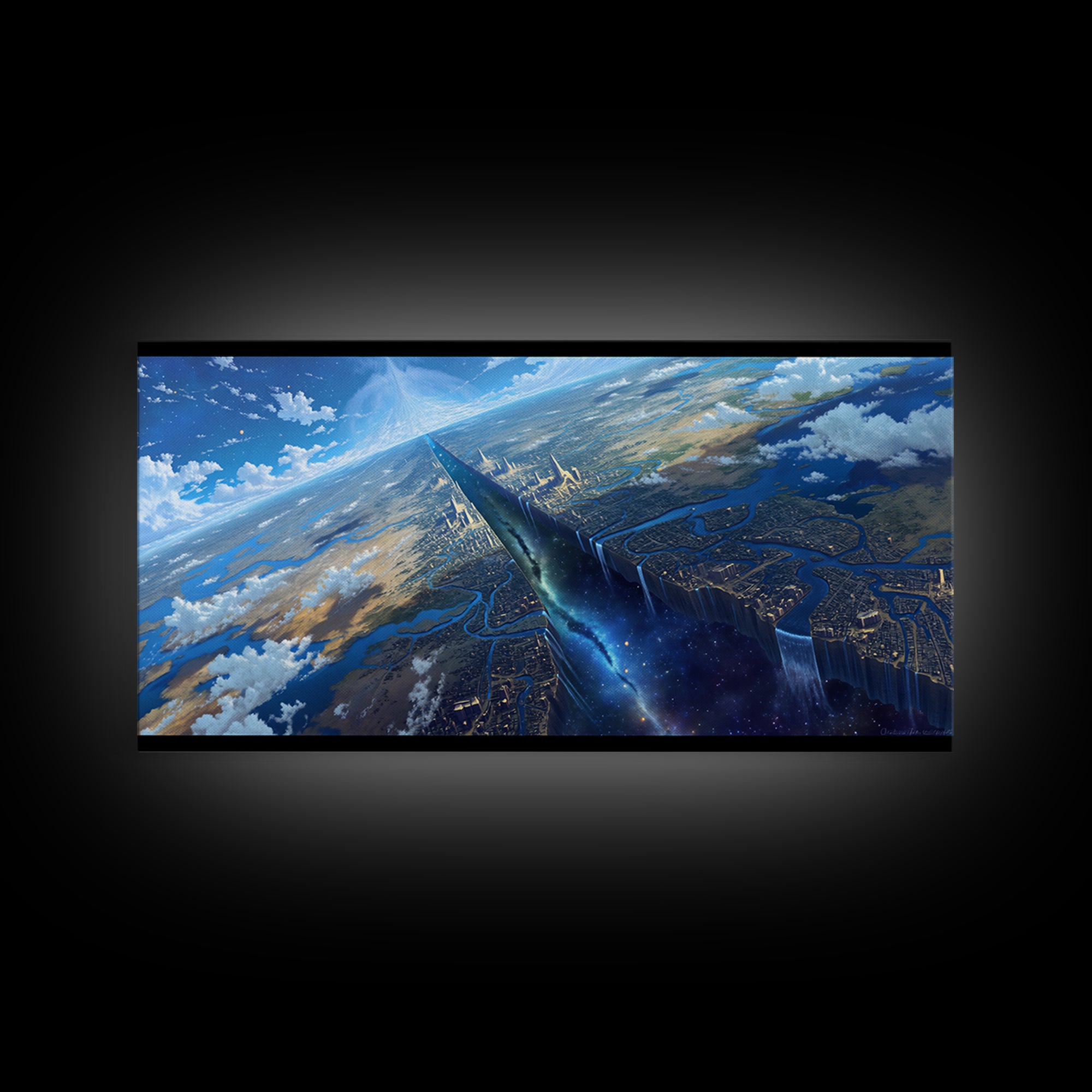 Futuristic Sky Spire Over Earth City Wall Art, Blue Sci Fi Landscape, Modern Canvas Art, Office Decor, Statement Wall Decor