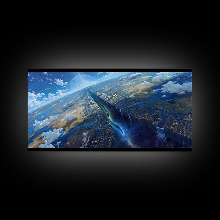 Futuristic Sky Spire Over Earth City Wall Art, Blue Sci Fi Landscape, Modern Canvas Art, Office Decor, Statement Wall Decor