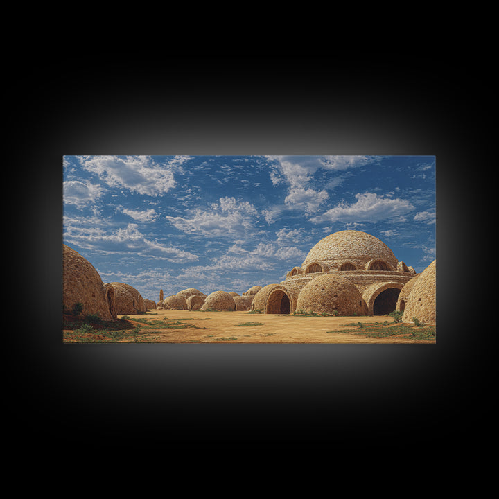 Sunlit Desert Dome Village Canvas Print, Earth Tone Wall Art, African Inspired Architecture, Boho Home Decor, Unique Wall Decor