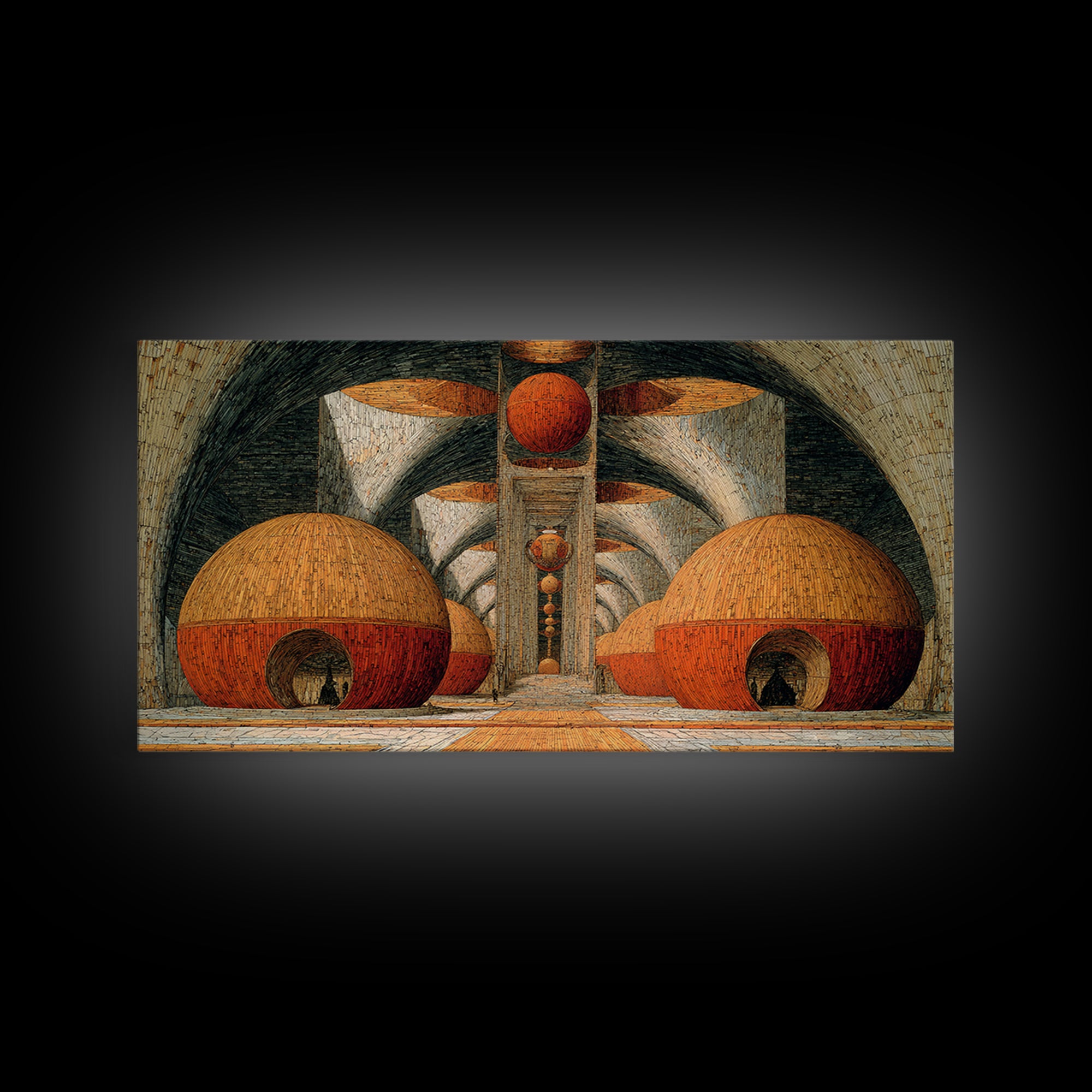 Abstract Orange Domes In Arched Hall Framed Canvas Print, Modern African Art Abstract, Geometric Wall Art, Bold Home Decor