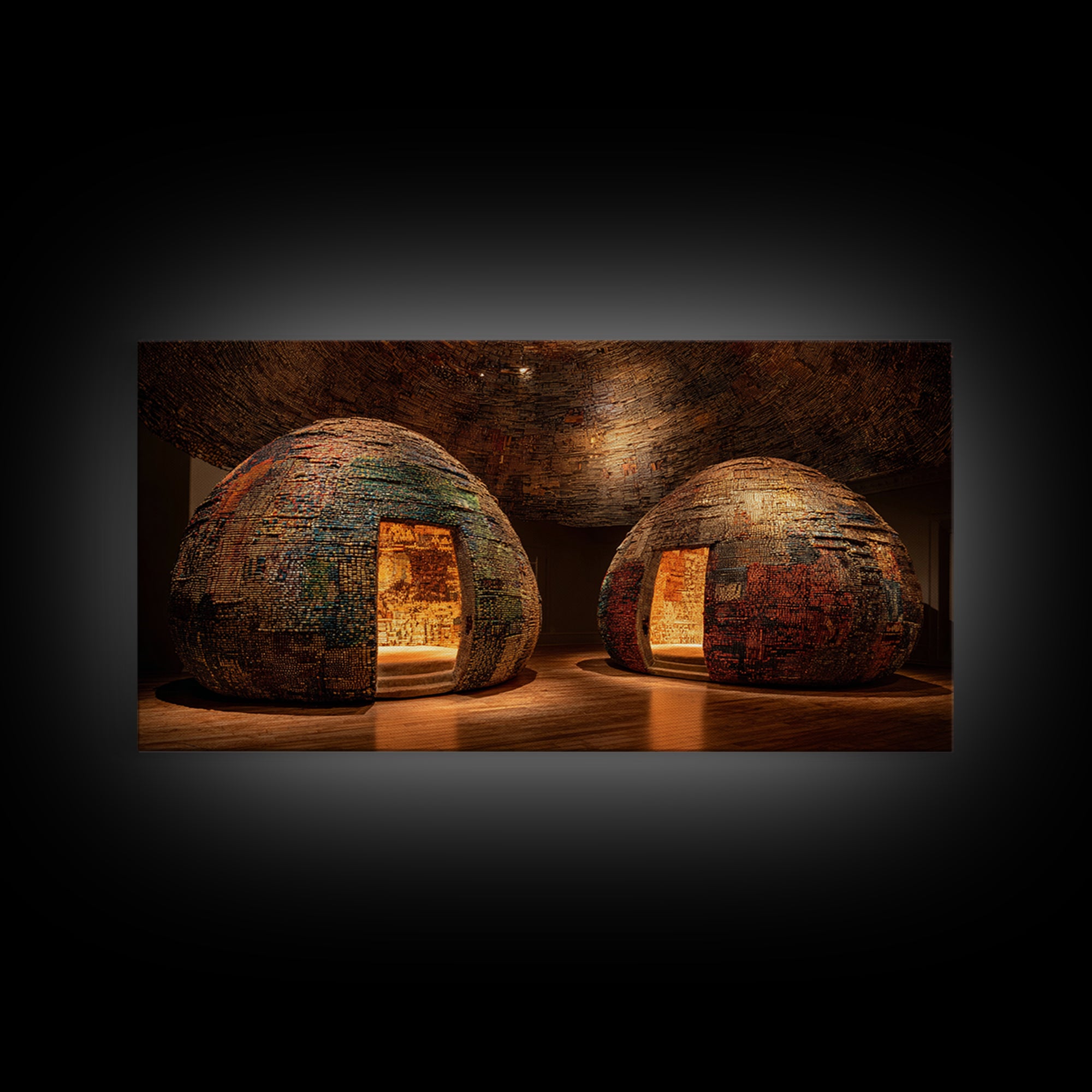 Glowing Woven Dome Huts Framed Canvas Print, Warm Earth Tone Wall Art, African Home Decor, Rustic Decor, Statement Piece