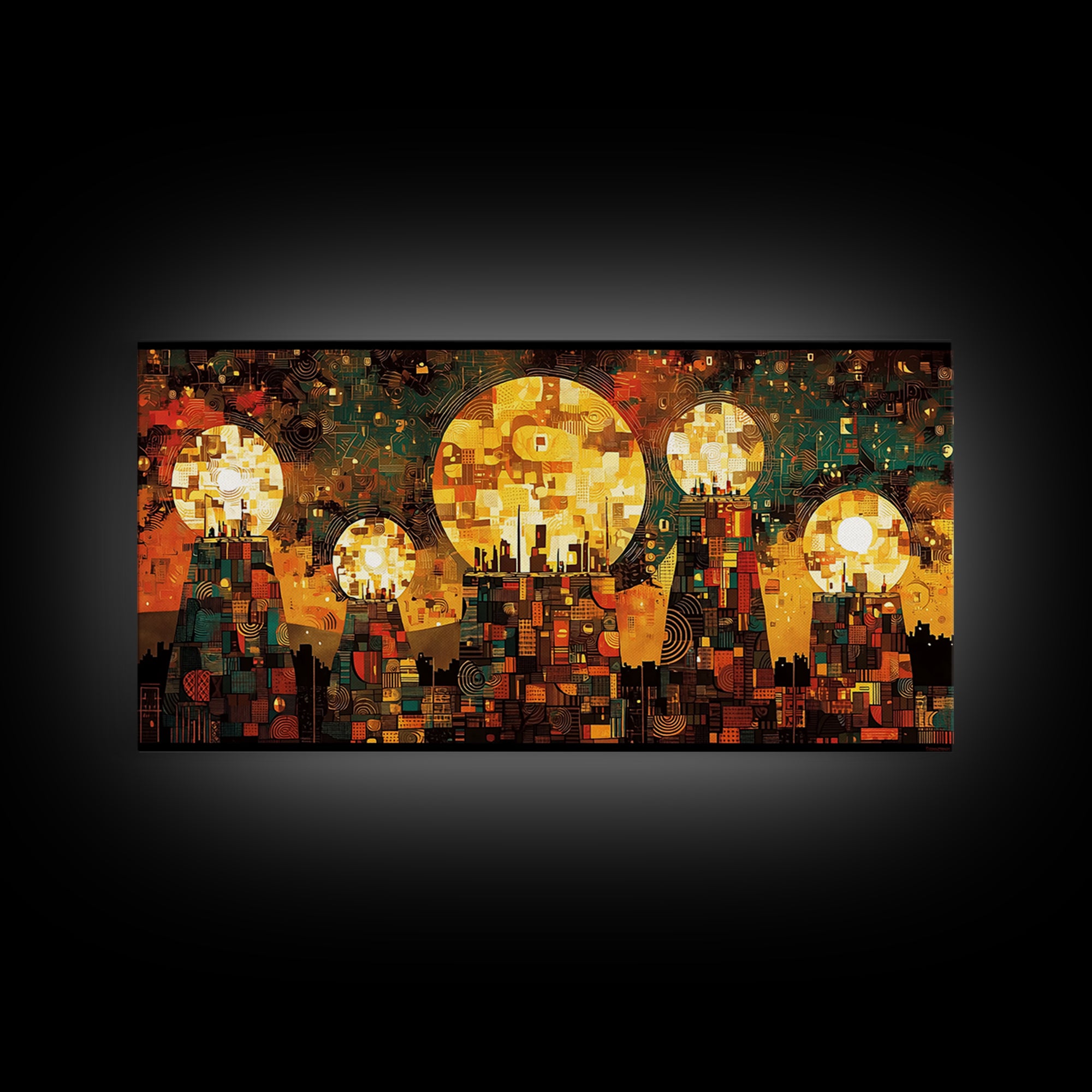 Golden Sun Mosaic City Wall Art, Abstract African Art Decor, Teal And Orange Canvas Print, Cultural Wall Art, Vibrant Decor