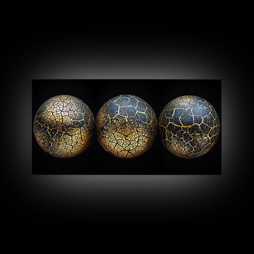 Three Cracked Gold Blue Planets Canvas Print, Celestial Abstract Wall Art, Black And Gold Art, Luxury Canvas Art, Office Decor