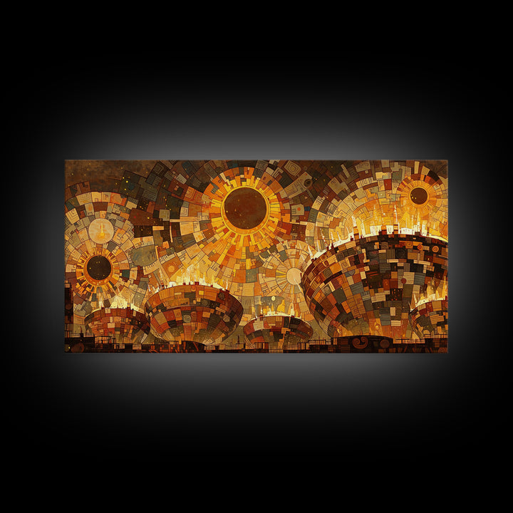 Radiant Golden Suns Over Dome City Wall Art, Abstract African Art Print, Burnt Orange Art, Modern Canvas Art, Bold Wall Decor